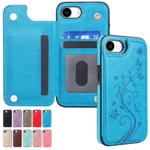 Dteck for iPhone 16e Case Wallet, Flip Folio PU Leather Cover with Floral Design, 4 Card Slots & Kickstand Function, Stylish Protective Phone Case for Women Men 6.1",Blue Embossing