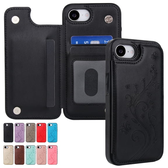 Dteck for iPhone 16e Case Wallet, Flip Folio PU Leather Cover with Floral Design, 4 Card Slots & Kickstand Function, Stylish Protective Phone Case for Women Men 6.1",Black Embossing