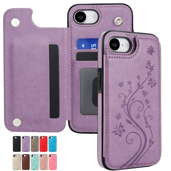 Dteck for iPhone 16e Case Wallet, Flip Folio PU Leather Cover with Floral Design, 4 Card Slots & Kickstand Function, Stylish Protective Phone Case for Women Men 6.1",Purple Embossing