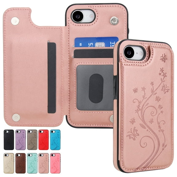 Dteck for iPhone 16e Case Wallet, Flip Folio PU Leather Cover with Floral Design, 4 Card Slots & Kickstand Function, Stylish Protective Phone Case for Women Men 6.1",Rosegold Embossing