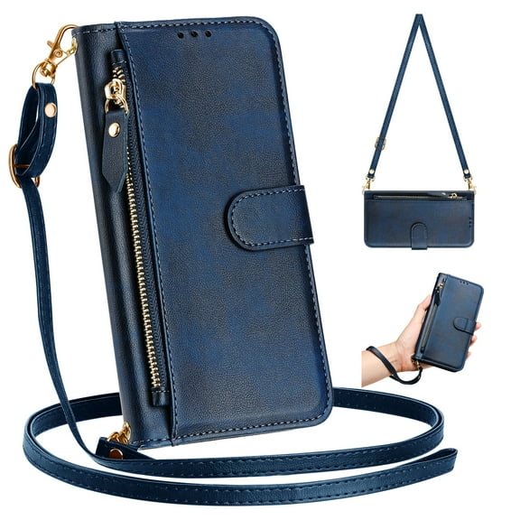 Dteck for iPhone 16e Case for Women, Crossbody Wallet Phone Case with Card Holder, PU Leather Magnetic Closure Flip Zipper Strap Wallet Phone Case,Blue