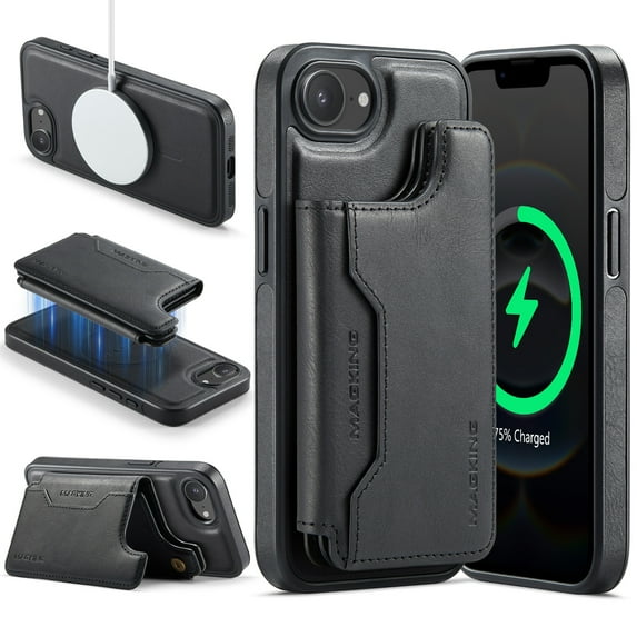 Dteck for iPhone 16e Magnetic Case with Detachable Wallet Card Holder, Compatible with MagSafe, RFID Blocking Credit Slots Kickstand Shockproof Phone Cover for Women Men,Black