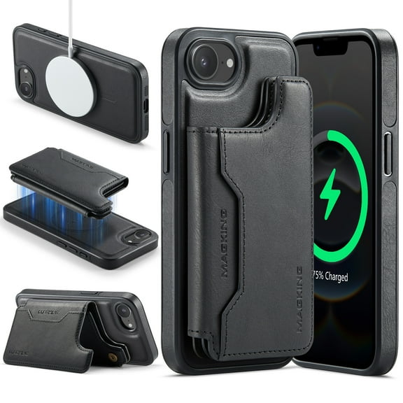 Dteck for iPhone 16e Magnetic Case with Detachable Wallet Card Holder, Compatible with MagSafe, RFID Blocking Credit Slots Kickstand Shockproof Phone Cover for Women Men,Black
