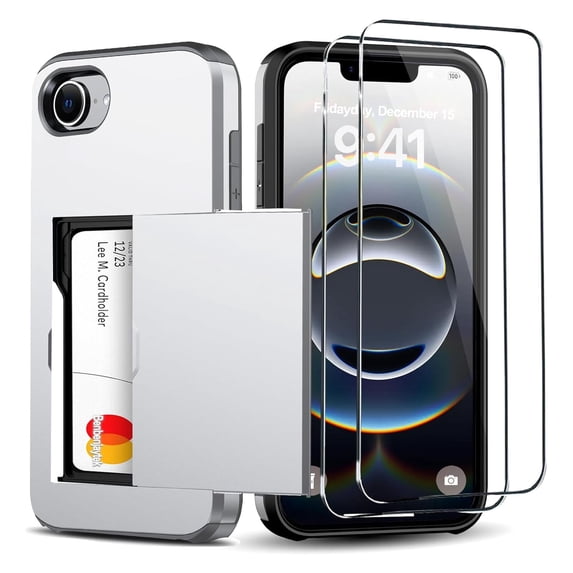 Dteck for iPhone 16e Wallet Case with Card Holder + 2 Tempered Glass Screen Protector Protective Shockproof Hidden Card Slot Slim Case Women Men for iPhone 16e 6.1", Silver