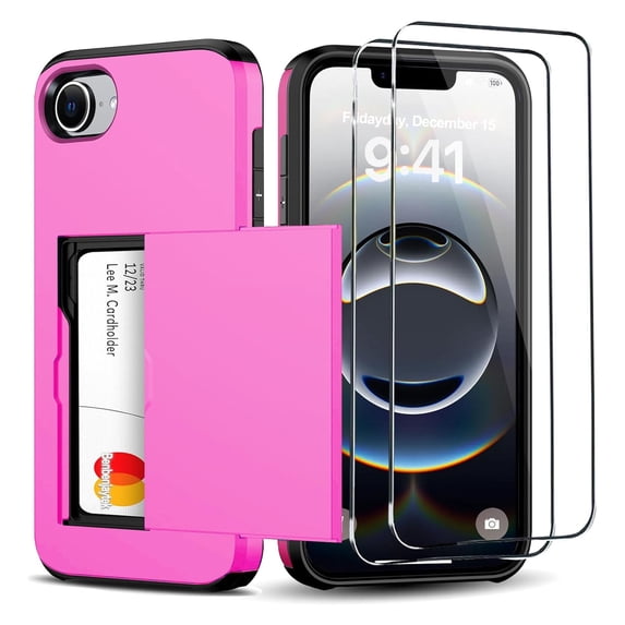 Dteck for iPhone 16e Wallet Case with Card Holder + 2 Tempered Glass Screen Protector Protective Shockproof Hidden Card Slot Slim Case Women Men for iPhone 16e 6.1", Rose