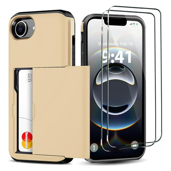 Dteck for iPhone 16e Wallet Case with Card Holder + 2 Tempered Glass Screen Protector Protective Shockproof Hidden Card Slot Slim Case Women Men for iPhone 16e 6.1", Gold