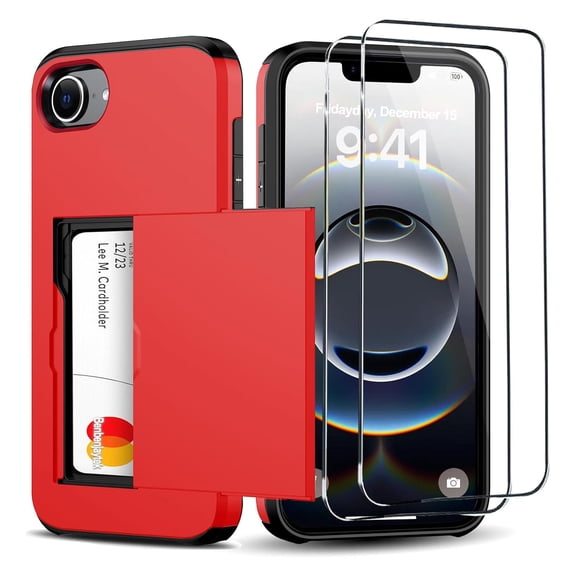 Dteck for iPhone 16e Wallet Case with Card Holder + 2 Tempered Glass Screen Protector Protective Shockproof Hidden Card Slot Slim Case Women Men for iPhone 16e 6.1", Red