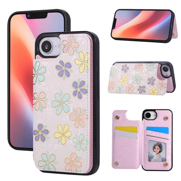 Dteck for iPhone 16e Wallet Case with Card Holder, RFID Blocking Credit Slots Kickstand Shockproof Flip Folio Leather Cover with Trendy Floral Design for Women Girls,Colorful Flowers