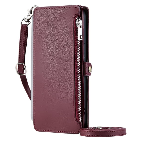 Dteck for iPhone 16e Wallet Case with Card Holder, Women Men PU Leather Flip Cover Wrist Strap Zipper Credit Card Slots, Crossbody Wallet Phone Case for Apple iPhone 16e 2025,Winered