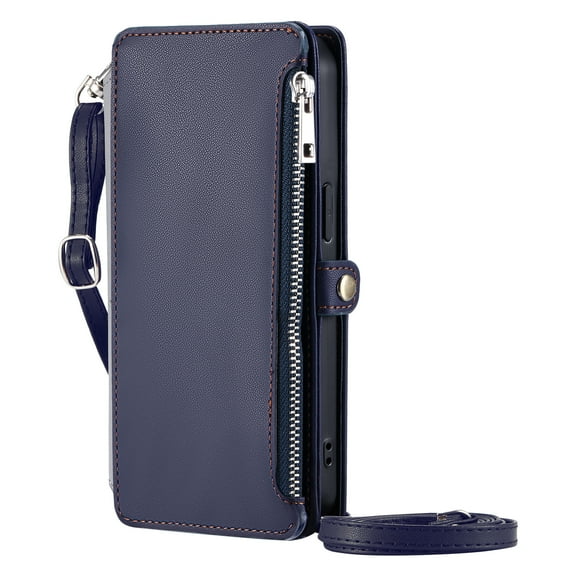 Dteck for iPhone 16e Wallet Case with Card Holder, Women Men PU Leather Flip Cover Wrist Strap Zipper Credit Card Slots, Crossbody Wallet Phone Case for Apple iPhone 16e 2025,Deep Blue
