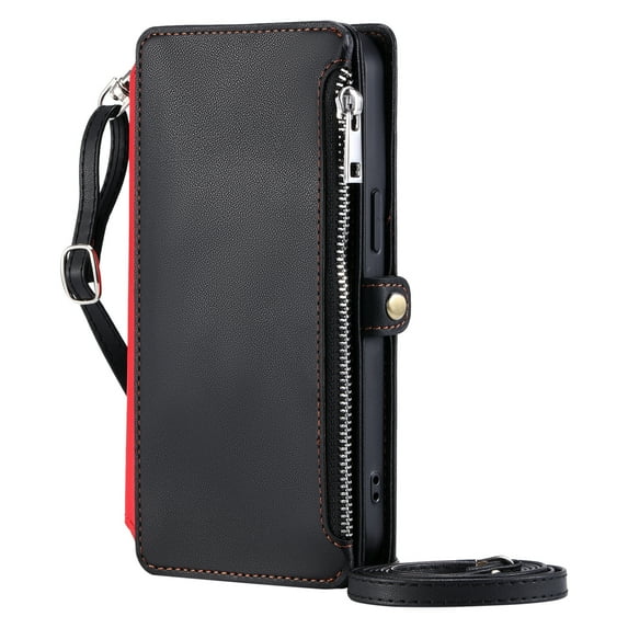 Dteck for iPhone 16e Wallet Case with Card Holder, Women Men PU Leather Flip Cover Wrist Strap Zipper Credit Card Slots, Crossbody Wallet Phone Case for Apple iPhone 16e 2025,Black