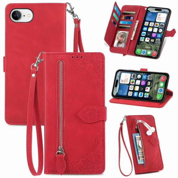 Dteck for iPhone 16e Wallet Case with Card Holder for Women Men, for iPhone 16E Phone Case Embossed PU Leather Zipper Purse Card Holder Flip Folio Shockproof Cover with Wrist Strap 2025 6.1",Red