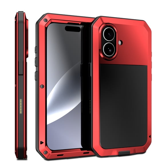 Dteck for iPhone 17 (2025) Case, Heavy Duty Metal Full Body Protective Cover Shockproof Aluminum Alloy Cover with Silicone Built-in Screen Protector, Red
