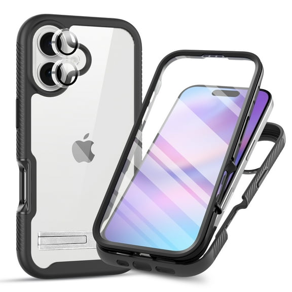Dteck for iPhone 17 Case with Built-in Screen Protector & Clear Camera Lens Cover, Full Body Shockproof Anti-Scratch Phone Cover with Metal Stand for iPhone 17 6.3 Inch,Black