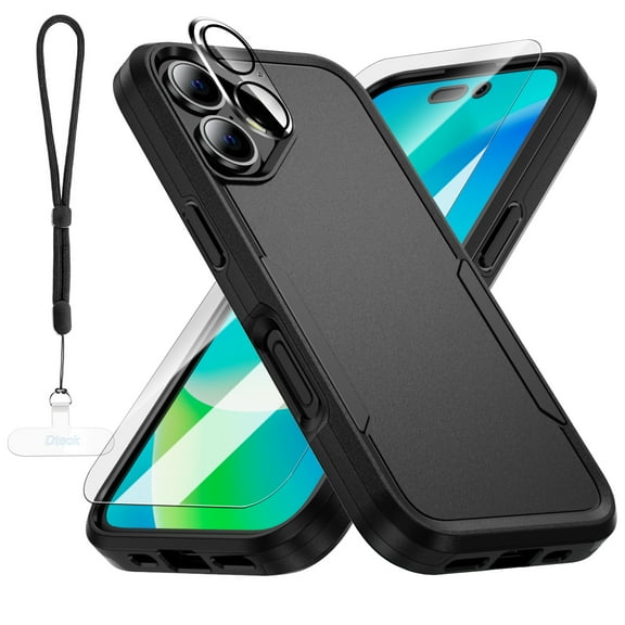 Dteck for iPhone 17 Case with Glass Screen Protector + Camera Lens Cover, Military Grade Drop Protection Full Body Shockproof Protective Cover 6.3 Inch with Wrsit Strap,Black