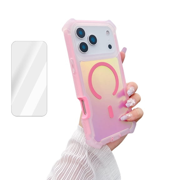 Dteck for iPhone 17 Case with Glass Screen Protector, Luxury Laser Aurora Dazzling Gradient Case Magnetic Shockproof Dual Layer Armor Protective Phone Cover for Women Girls, Pink