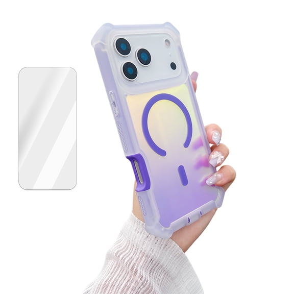 Dteck for iPhone 17 Case with Glass Screen Protector, Luxury Laser Aurora Dazzling Gradient Case Magnetic Shockproof Dual Layer Armor Protective Phone Cover for Women Girls, Bluepurple