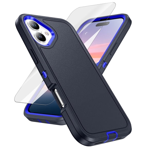 Dteck For iPhone 17 Case with HD Screen Protector, Hybrid Drop Protection Heavy Duty Sturdy Shockproof Slim Fit Anti-Slip Hard PC + Soft TPU Rubber Protective Phone Cover, Darkblue+Lightblue