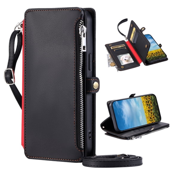 Dteck for iPhone 17 Case Wallet with Card Holder, Women Men PU Leather Flip Cover Wrist Strap Zipper Credit Card Slots, Crossbody Wallet Phone Case for iPhone 17,Black