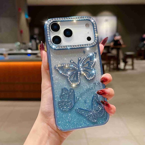 Dteck for iPhone 17 Pro Bling Diamond Butterfly Case, Cute Luxury Sparkle Glitter Diamond Crystal Rhinestone Protective Case Cover for Girls Women Kids, Blue