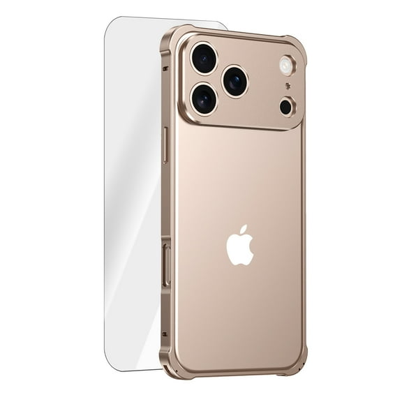 Dteck for iPhone 17 Pro Bumper Case with Screen Protector Tempered Glass, Aluminum Frame with Lock Slim Case with Camera Cover for iPhone 17 Pro 6.3 Inch,Desert Gold