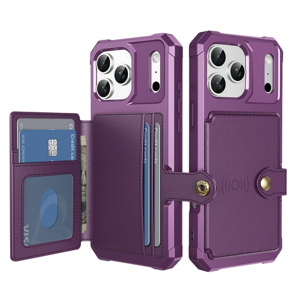 Dteck for iPhone 17 Pro Case with Back Wallet Card Holder, Hybrid Rubber Bumper Shockproof Magnetic Back Flip Case for iPhone 17 Pro Wallet Case for Women Men, Purple