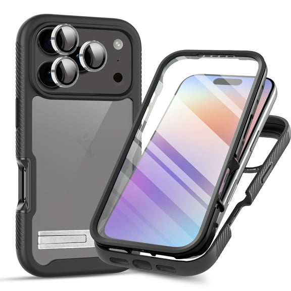 Dteck for iPhone 17 Pro Case with Built-in Screen Protector & Clear Camera Lens Cover, Full Body Shockproof Anti-Scratch Phone Cover with Metal Stand for iPhone 17 Pro 6.3 Inch,Black