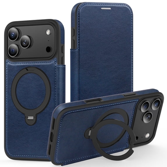 Dteck for iPhone 17 Pro Case, Card Holder RFID Blocking Flip Leather Case for iPhone 17 Pro, Magnetic Ring Stand Compatible with MagSafe, Full Body Protection Shockproof for Men Women,Blue