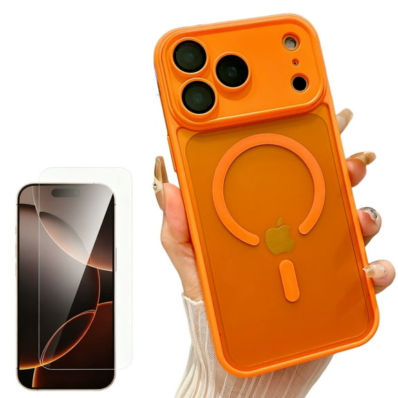 Dteck for iPhone 17 Pro Case with Glass Screen Protector, Compatible with MagSafe, Shockproof Translucent Matte Anti-Slip Phone Case with Camera Lens Cover,Orange