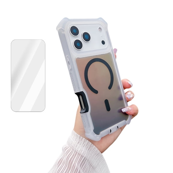 Dteck for iPhone 17 Pro Case with Glass Screen Protector, Luxury Laser Aurora Dazzling Gradient Case Magnetic Shockproof Dual Layer Armor Protective Phone Cover for Women Girls, Black