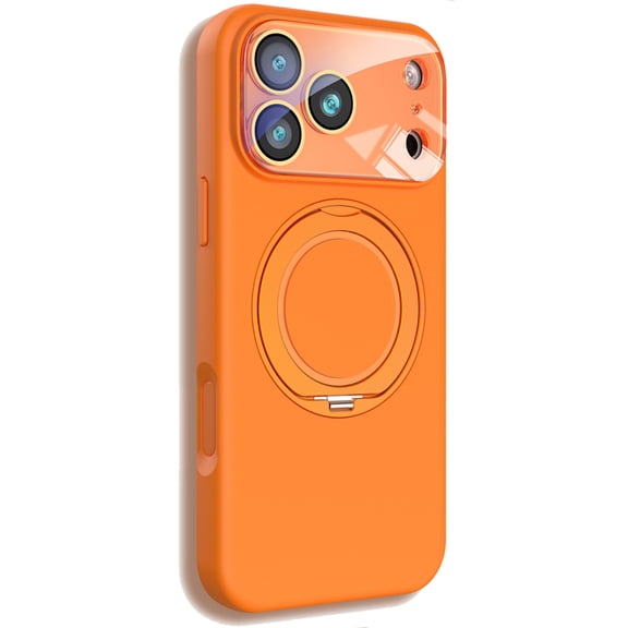 Dteck for iPhone 17 Pro Case with Rotating Magnetic Stand, Compatible with MagSafe, Full Camera Protection, Shockproof Liquid Silicone Case with Ring Holder,Orange