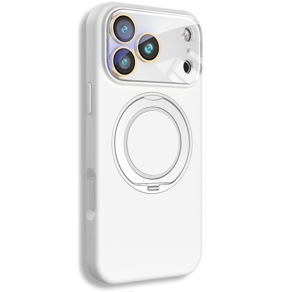 Dteck for iPhone 17 Pro Case with Rotating Magnetic Stand, Compatible with MagSafe, Full Camera Protection, Shockproof Liquid Silicone Case with Ring Holder,White