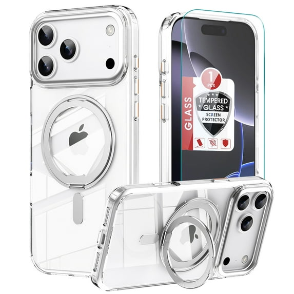 Dteck for iPhone 17 Pro Case with Rotating Magnetic Stand, Compatible with MagSafe, Ring Grip Slim Transparent Phone Cover with HD Screen Protector for iPhone 17 Pro 6.3 Inch,Clear
