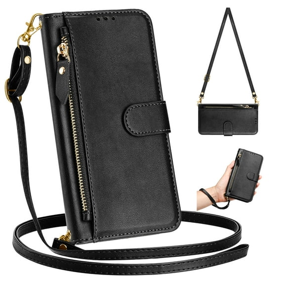 Dteck for iPhone 17 Pro Case for Women, Crossbody Wallet Phone Case with Card Holder, PU Leather Magnetic Closure Flip Zipper Strap Wallet Phone Case,Black