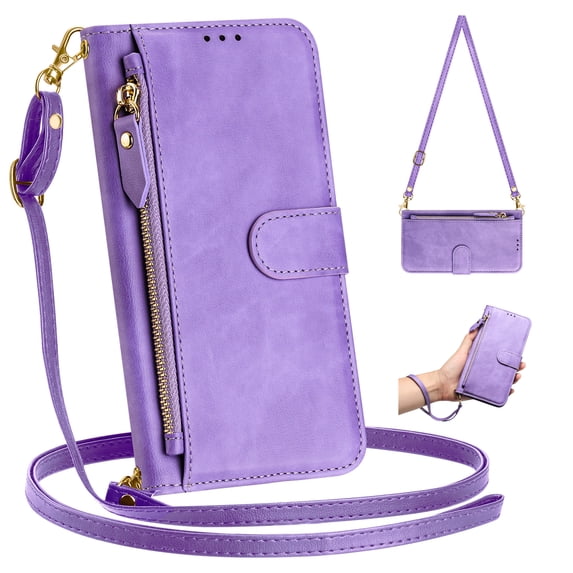 Dteck for iPhone 17 Pro Case for Women, Crossbody Wallet Phone Case with Card Holder, PU Leather Magnetic Closure Flip Zipper Strap Wallet Phone Case,Purple