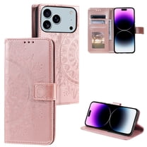 Dteck For iPhone 17 Pro Magnetic Wallet Case, Shockproof PU Leather Flip Cover with Card Slots Wrist Strap Kickstand Mandala Flower Embossed, Rosegold