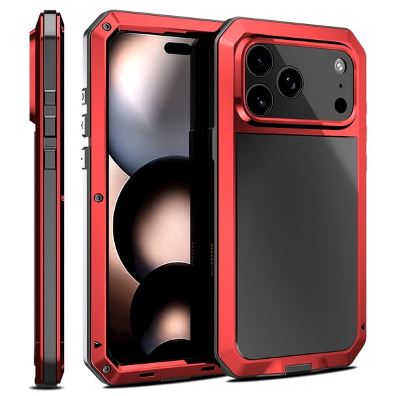 Dteck for iPhone 17 Pro Max (2025) Case, Heavy Duty Metal Full Body Protective Cover Shockproof Aluminum Alloy Cover with Silicone Built-in Screen Protector, Red