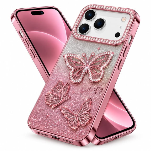 Dteck Bling Diamond Butterfly Case for iPhone 17 Pro Max, Cute Sparkle Glitter Diamond Crystal Rhinestone Protective Cover for Girls Women, Pink