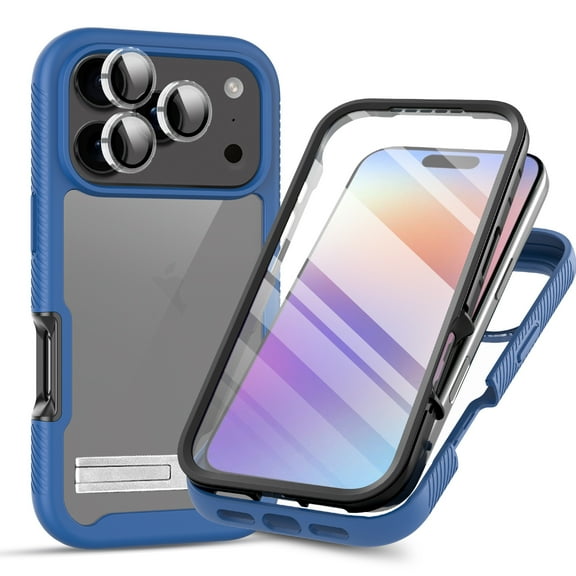 Dteck for iPhone 17 Pro Max Case with Built-in Screen Protector & Clear Camera Lens Cover, Full Body Shockproof Anti-Scratch Phone Cover with Metal Stand for iPhone 17 Pro Max 6.9 Inch,Dark Blue