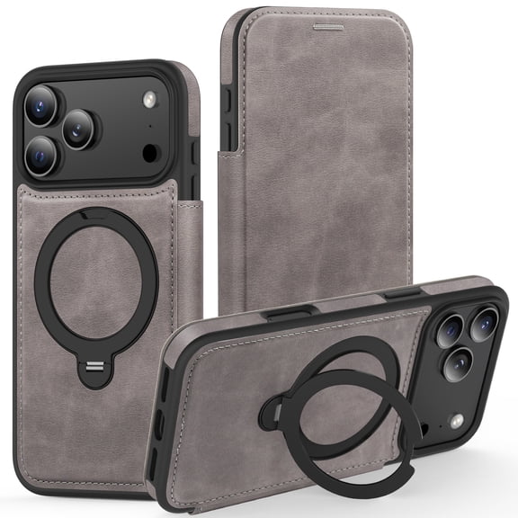 Dteck for iPhone 17 Pro Max Case, Card Holder RFID Blocking Flip Leather Case for iPhone 17 Pro Max, Magnetic Ring Stand Compatible with MagSafe, Full Body Protection Shockproof for Men Women,Gray
