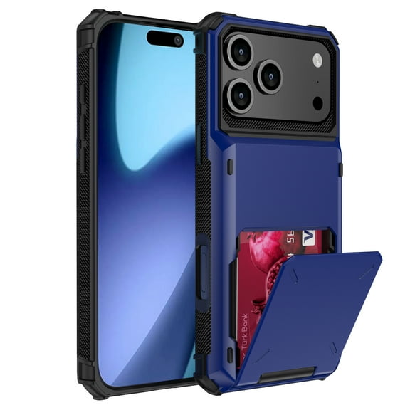 Dteck for iPhone 17 Pro Max Case with Card Holder, Store 5 Cards Dual Layer Heavy Duty Shockproof Wallet Case with Hidden Card Slot Large Storage Cover for Men & Women, Blue