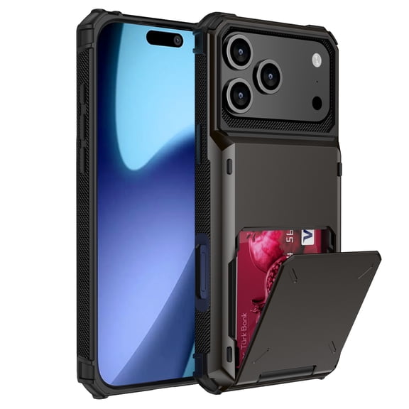 Dteck for iPhone 17 Pro Max Case with Card Holder, Store 5 Cards Dual Layer Heavy Duty Shockproof Wallet Case with Hidden Card Slot Large Storage Cover for Men & Women, Gray