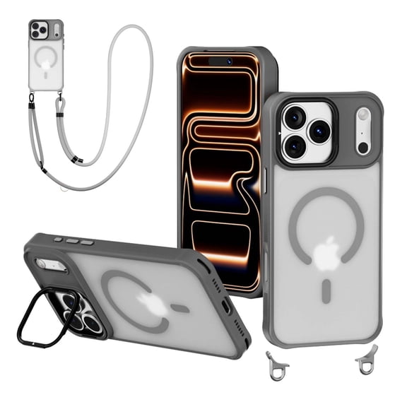 Dteck for iPhone 17 Pro Max Case with Crossbody Adjustable Strap, Compatible with MagSafe, Magnetic Phone Case with Camera Stand for iPhone 17 Pro Max,Gray
