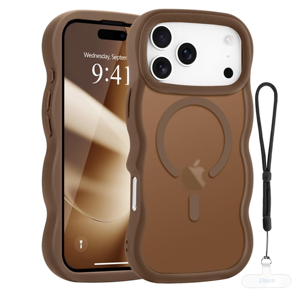 Dteck Curly Wavy Frame Case for iPhone 17 Pro Max, Compatible with MagSafe, Shockproof Translucent Frosted Back Phone Cover,Brown