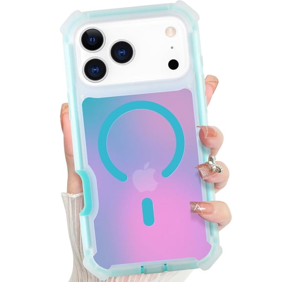 Dteck for iPhone 17 Pro Max Case with Iridescent Back, Compatible with MagSafe Shockproof Rugged Cover, Corner High-Duty Protection for Girls Women,Iridescent - Blue
