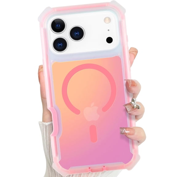 Dteck for iPhone 17 Pro Max Case with Iridescent Back, Compatible with MagSafe Shockproof Rugged Cover, Corner High-Duty Protection for Girls Women,Iridescent - Pink