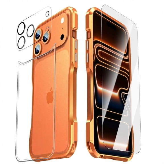 Dteck for iPhone 17 Pro Max Case Metal Bumper with Screen Protector (Back + Front) + Camera Lens Cover Tempered Glass, Full Body Shockproof Protective Cover 6.9 inch,Orange