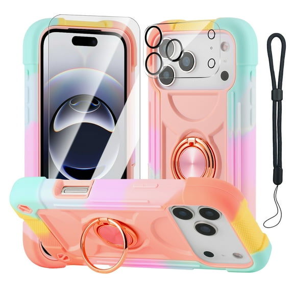 Dteck for iPhone 17 Pro Max Case with Screen Protector Camera Lens Cover, Full-Body Shock Absorption Heavy Duty Rugged Phone Case with Ring Kickstand,Rainbow Rosegold