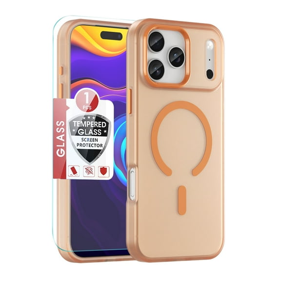 Dteck for iPhone 17 Pro Max Case with Screen Protector, Compatible with MagSafe, Magnetic Frosted Translucent Matte Military Grade Shockproof Slim Cover 6.9 Inch,Orange