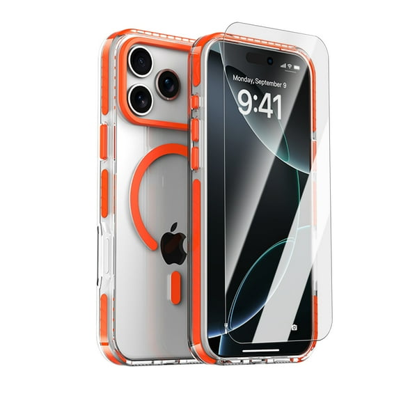 Dteck for iPhone 17 Pro Max Case with Screen Protector, Magnetic Case for iPhone 17 Pro Max Compatible with MagSafe, Slim Anti-Slip Shockproof Bumper Clear Cover 6.9 Inch,Orange